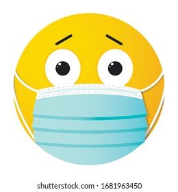  Medizinische Gesichtsmaske. Ein erschrecktes, kleines gelbes Smiley in einem Arzneimitteltropfen am Ende einer Spritzennadel. Vektorillustration Illustration für Web-Nutzung auf Blogs und Print-Artikel über die Bekämpfung von Coronavirus.