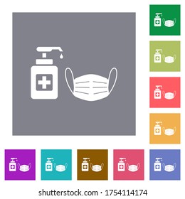 Medical face mask and hand sanitizer flat icons on simple color square backgrounds