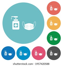 Medical face mask and hand sanitizer flat white icons on round color backgrounds