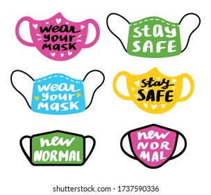 Medical face mask icons set. With handwritten text - new normal, stay safe, wear your mask. Vector illustration isolated on white.