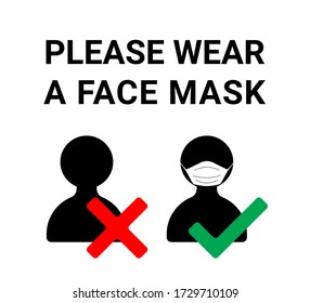 Medical face mask icons. Simple signs with people wearing protection masks and not wearing. Please wear a face mask.