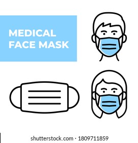 Medical Face Mask icons. Simple thin line signs with people wearing protection masks. Vector illustration