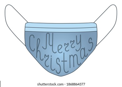 Medical face mask. The inscription on the mask Merry Christmas. Vector illustration. Personal protective equipment against coronavirus infection COVID-19. Isolated white background. Lettering.Medical 