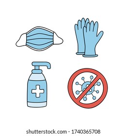 Medical face mask, latex gloves and sanitizer bottle against coronavirus. Covid-19 protective kit isolated on white. Hand drawn vector illustration