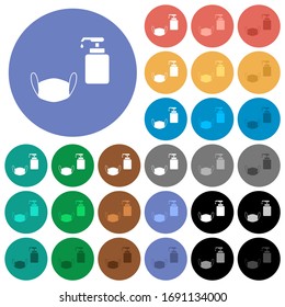 Medical face mask and liquid soap multi colored flat icons on round backgrounds. Included white, light and dark icon variations for hover and active status effects, and bonus shades.