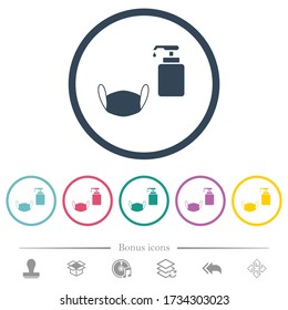 Medical face mask and liquid soap flat color icons in round outlines. 6 bonus icons included.