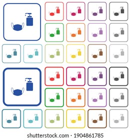 Medical face mask and liquid soap color flat icons in rounded square frames. Thin and thick versions included.