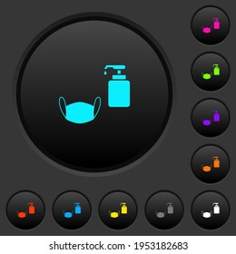 Medical face mask and liquid soap dark push buttons with vivid color icons on dark grey background