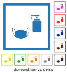 Medical face mask and liquid soap dark push buttons with color icons flat color icons in square frames on white background