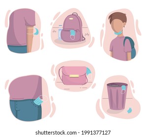 Medical face mask in modern life concept set isolated on white background. Protective face mask wearing on hand and chin; mask in jeans pocket, in purse, in backpack and in trash can. Vector stickers.