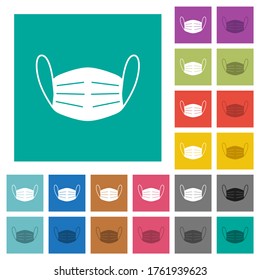 Medical face mask multi colored flat icons on plain square backgrounds. Included white and darker icon variations for hover or active effects.
