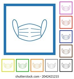 Medical face mask outline flat color icons in square frames on white background