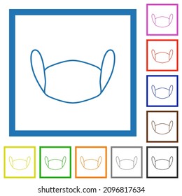 Medical face mask outline flat color icons in square frames on white background