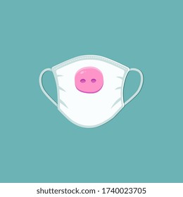 Medical face mask with pink pig snout design - funny animal nose drawing on white virus protection equipment for children. Vector illustration.