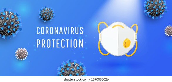 Medical face mask for prevention against coronavirus on blue background. Coronavirus outbreak design with virus cell