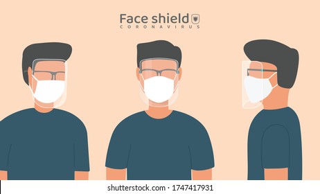 Medical face mask or shield. Transparent plastic glasses. Coronavirus quarantine concept. Protective measures for flu. Virus outbreak prevention and pollution protection.