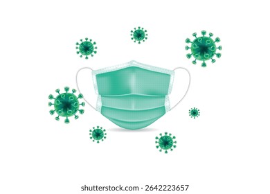 Medical face mask with surrounding green virus icons, perfect for health, safety, and pandemic-related designs.