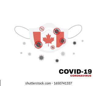 Medical face mask with symbol of Canada flag to protect canadian people from coronavirus or Covid-19, virus outbreak protecton concept, sign symbol background, vector illustratioin.