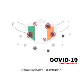 Medical face mask with symbol of Ireland flag to protect Irish people from coronavirus or Covid-19, virus outbreak protection concept, sign symbol background, vector illustration.