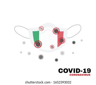 Medical face mask with symbol of Italy flag to protect Italian people from coronavirus or Covid-19, virus outbreak protecton concept, sign symbol background, vector illustratioin.
