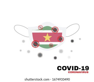 Medical face mask with symbol of the suriname to protect surinamese people from coronavirus or Covid-19, virus outbreak protection concept, sign symbol background, vector illustration.