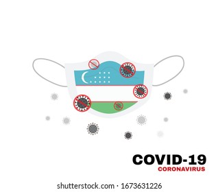 Medical face mask with symbol of the Uzbekistan to protect  Uzbek people from coronavirus or Covid-19, virus outbreak protection concept, sign symbol background, vector illustration.