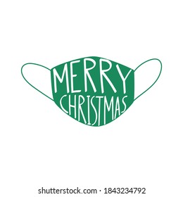 Medical face mask with text Merry Christmas on green background. Vector flat illustration. Isolated on white background. Pandemic Christmas. Illustration for card and poster. 