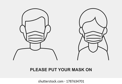 Icono vectorial de máscara facial médica con silueta de hombre y mujer en estilo de línea. La gente usa una máscara facial para protegerse del coronavirus y otras enfermedades - ilustración plana conceptual para un hospital. V1