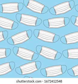 Medizinische Gesichtsmaske. Vektorillustration nahtlose Muster für medizinische Zentren, Apotheken, Krankenhäuser, Druck auf Verpackungen, Gewebe, Textilien. Krankheitsprävention, Schutz vor Infektionen, Atemschutz