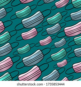 
Medical face masks. Seamless vector pattern. An endlessly repeating ornament. Personal protective equipment against viral infection. Products on an isolated green background. Idea for cover, textile.