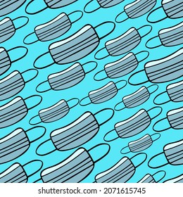 Medical face masks. Seamless vector pattern. An endlessly repeating ornament. Personal protective equipment against viral infection in blue. Medical products on a green background. Idea for cover