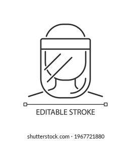 Medical face shield linear icon. Reusable facial cover. Protective wear from virus infection. Thin line customizable illustration. Contour symbol. Vector isolated outline drawing. Editable stroke