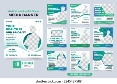 Medical facilities advertisement template bundle design with abstract shapes. Hospital treatment promotional web banner collection vector. Healthcare service social media post set vector.