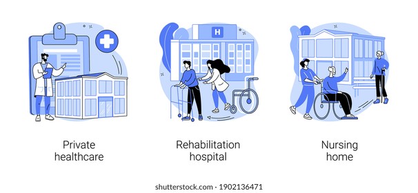 Medical Facility Abstract Concept Vector Illustration Set. Private Healthcare, Rehabilitation Hospital, Nursing Home, Medical Condition, Residential Home, Physical Therapy Abstract Metaphor.