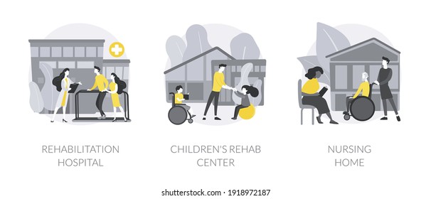 Medical Facility Abstract Concept Vector Illustration Set. Rehabilitation Hospital, Childrens Healthcare Center, Nursing Home, Medical Conditions, Mental Health Care, Retiree House Abstract Metaphor.