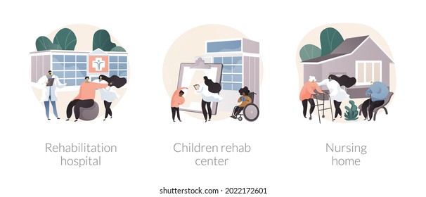 Medical Facility Abstract Concept Vector Illustration Set. Rehabilitation Hospital, Childrens Healthcare Center, Nursing Home, Medical Conditions, Mental Health Care, Retiree House Abstract Metaphor.