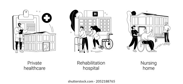 Medical facility abstract concept vector illustration set. Private healthcare, rehabilitation hospital, nursing home, medical condition, residential home, physical therapy abstract metaphor.