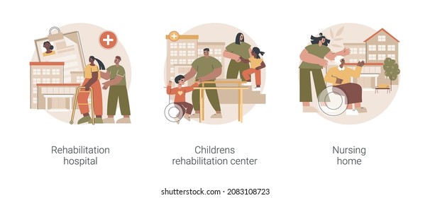 Medical Facility Abstract Concept Vector Illustration Set. Rehabilitation Hospital, Childrens Healthcare Center, Nursing Home, Medical Conditions, Mental Health Care, Retiree House Abstract Metaphor.