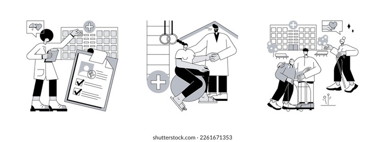 Medical facility abstract concept vector illustration set. Private healthcare, rehabilitation hospital, nursing home, medical condition, residential home, physical therapy abstract metaphor.