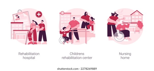 Medical facility abstract concept vector illustration set. Rehabilitation hospital, childrens healthcare center, nursing home, medical conditions, mental health care, retiree house abstract metaphor.