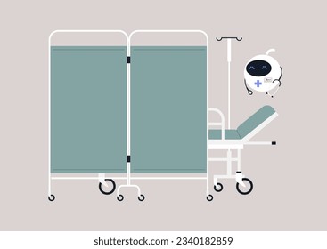 In the medical facility, a robotic doctor stationed next to a movable hospital screen partition, with a bed concealed behind a room divider