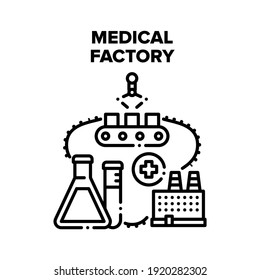 Medical Factory Vector Icon Concept. Medical Factory For Production Medicament And Chemical Researching And Testing, Conveyor For Packaging Pills And Pharmacy Capsules Black Illustration