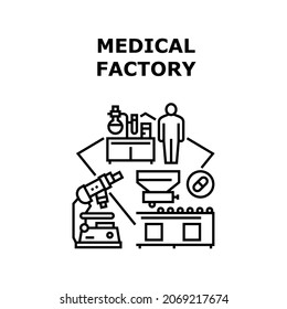 Medical Factory Vector Icon Concept. Medical Factory Manufacturing Pharmacy Pills And Medicine Accessories, Scientist Research And Development Drug. Plant Conveyor Equipment Black Illustration