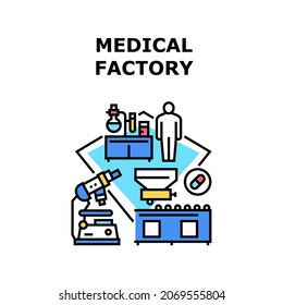 Medical Factory Vector Icon Concept. Medical Factory Manufacturing Pharmacy Pills And Medicine Accessories, Scientist Research And Development Drug. Plant Conveyor Equipment Color Illustration