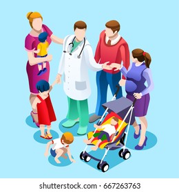 Medical Family Doctor Talking To Family Of Pediatric Patient. Family Care Concept With Isometric People Vector Hospital Team Illustration In Flat Design