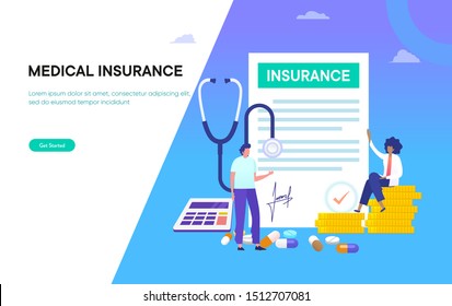 Medical family insurance vector illustration concept, people with doctor fill health form , with calculator and coin
can use for, landing page, template, ui, web, mobile app, poster, banner, flyer