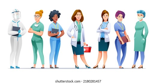 Medical Female Doctor And Nurse Cartoon Character Set