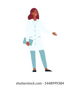 Medical female doctor standing and gesticulating cartoon style, vector illustration isolated on white background. Healthcare professional woman presenting something or inviting to hospital