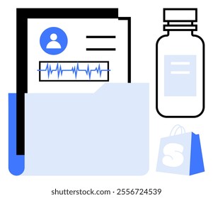 Medical file folder with documents, patient profile, and heart rate chart. A medicine bottle and shopping bag are beside it. Ideal for healthcare, medical records, pharmacy, patient care, and health