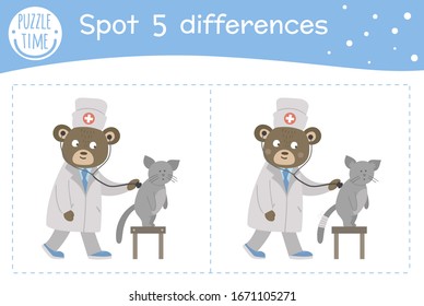 Medical find differences game for children. Medicine preschool activity with doctor examining patients lungs. Puzzle with cute funny smiling characters